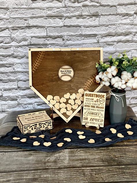 Baseball Wedding Ideas, Baseball Wedding Shower, Wedding Baseball, Softball Wedding, Baseball Themed Wedding, Birthday Guest Book, Baseball Wedding, Wedding Shower Themes, Wood Guest Book Wedding