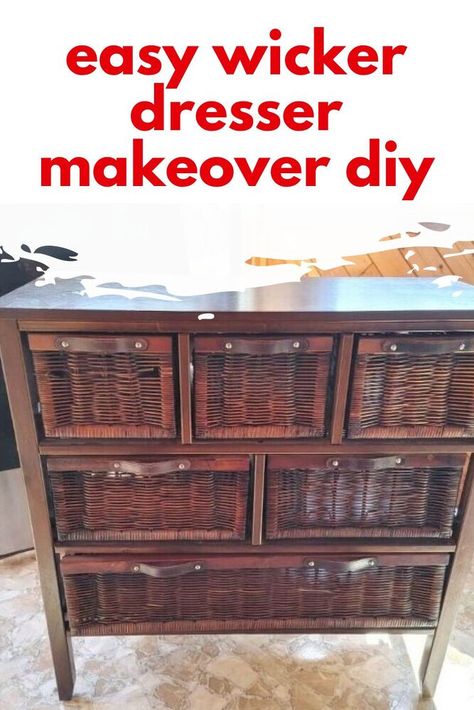 Decorate on a budget with this quick dresser upcycle idea. Perfect budget friendly bedroom or entryway decorating with this quick and easy furniture flip. Refurbished Wicker Dresser, Wicker Dresser Makeover Diy, Wicker Dresser Makeover, Dresser Upcycle, Vintage Dresser Makeover, Ikea Dresser Makeover, Wicker Furniture Makeover, Chest Makeover, Entryway Decorating