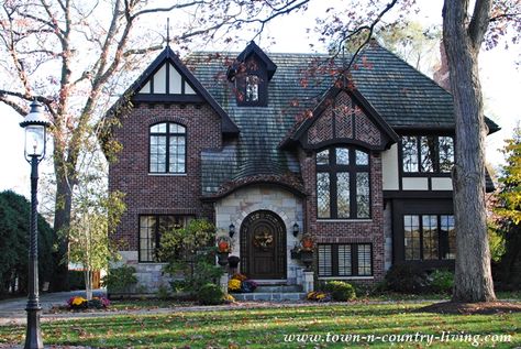 Charming Older Homes in Riverside, Illinois - Town & Country Living Tudor Brick Exterior, Historic Tudor Homes, Gothic Brick House, Older Homes Exterior, Dark Tudor Exterior, Gothic Tudor House, Tudor Homes Exterior, Dark Brick House, Dark Brick House Exterior