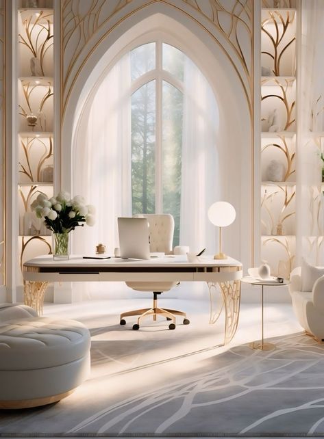 Modern Home Office For Women, Feminine Home Office Classy, White Office Decor, Beautiful Office Spaces, Elegant Home Office, Home Office Shelves, Feminine Home Offices, Home Design Interior, Dream House Rooms