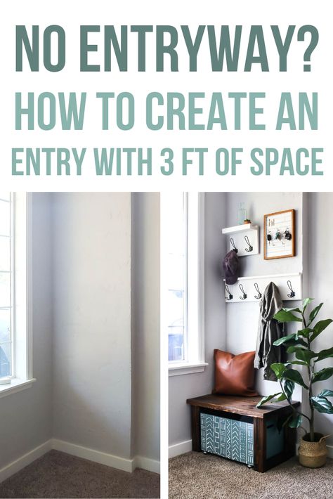 No entryway?? No problem! Learn how to create an entry with only 3 feet of space. This one is in the corner of the living room and is SO cute! Love the DIY wood bench with shoe storage, coat hooks and even a DIY key holder! #smallentry #entryway #foyer #dropzone #organization Catch All Entryway Small, Foyer With Living Room Entryway, Coat Corner Ideas, Entryway Vestibule Ideas, Create A Faux Entryway, How To Create A Fake Entryway, Small Corner Mudroom Ideas Entryway, Creating Entryway In Living Room Entrance, How To Create Entryway In Living Room