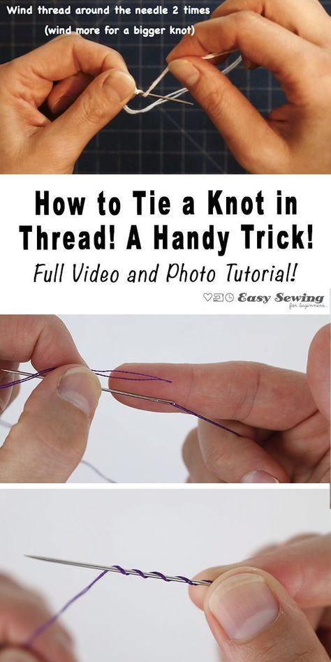 A quick and easy way for tying the best knot at the end of your thread ready for sewing! How To Tie A Knot At The End Of Thread, Knotting Thread Hand Sewing, How To Tie Embroidery Thread, How To Thread A Needle And Tie A Knot, Hand Sewing For Beginners, Tie Trick, Knot Thread, Quilters Knot, How To Tie A Knot