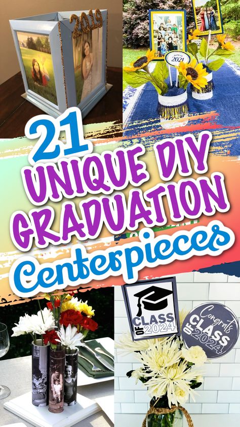 Get ready for an unforgettable graduation party with these DIY Graduation Centerpieces! Add excitement and personal flair to your celebration with creative decorations. Discover more budget friendly ideas to make your graduation party truly special! #gradpartyideas #graduationcenterpieces Sunflower Table Centerpieces Party Ideas, O The Places You Will Go Graduation, Graduation Party Table Centerpieces Diy, College Graduation Party Decor Table Decorations Centerpiece Ideas, Graduation Diy Centerpieces, Graduation Photo Centerpiece Ideas, Boys Graduation Centerpieces, Centerpieces For Party Diy, Grad Party Centerpieces For Boys