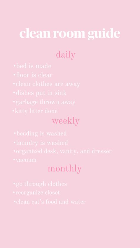 a list of things to do daily, weekly, and monthly to maintain a clean room Room Cleaning Guide, Clean Room Clean Mind, How To Quickly Clean Your Room, How To Keep A Clean Room, Guide To Cleaning Your Room, How To Properly Clean Your Room, How To Motivate Yourself To Clean, Clean Room Tips, How To Clean Your Room