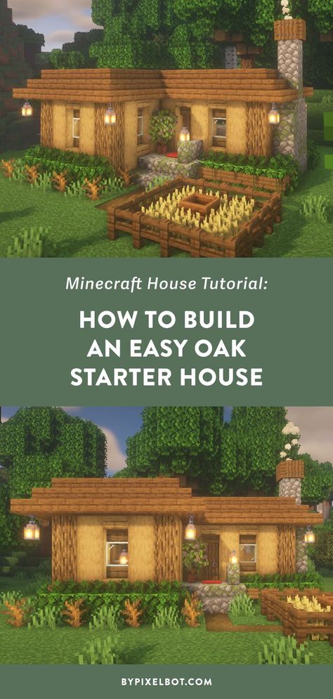 Minecraft: How to Build an Easy Oak Starter House (Simple Survival House) Mc Oak House, Cute Easy Minecraft Houses Survival, Cute Basic Minecraft Houses, Oak And Cobblestone House Minecraft, Basic Mc House, Starter Minecraft House Easy, Basic Starter House Minecraft, Minecraft Basic House Ideas, Minecraft Houses Cobblestone