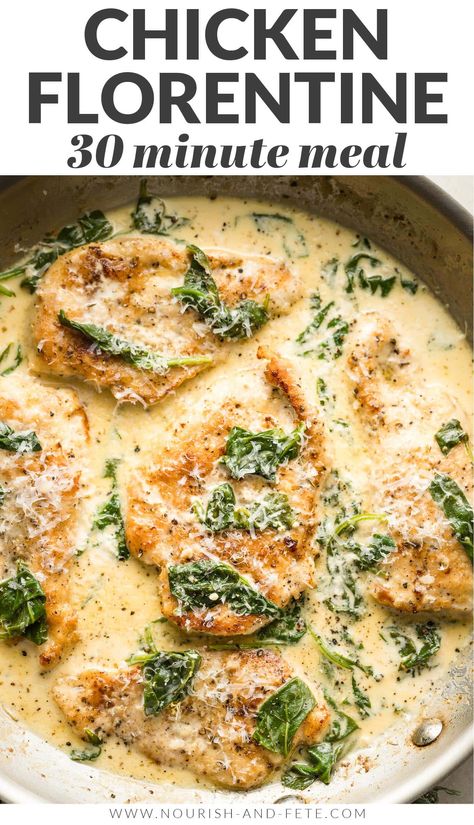 This Creamy Chicken Florentine recipe delivers restaurant quality at home in less than 30 minutes. With tender chicken nestled in a creamy, garlicky white wine sauce, this is one the whole family loves. August Meals, Creamy Chicken Florentine, Chicken Florentine Pasta, Chicken Florentine Recipe, Florentine Recipe, Florentines Recipe, Chicken Head, Work Recipes, Pinterest Food