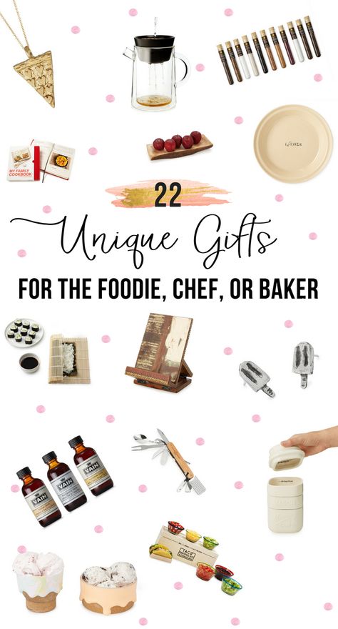 Looking for that perfect gift for the favorite cook in your life? This list of 22 Unique Gifts for the Foodie, Chef, or Baker highlights just that—from tools to make the job easier to some fun and uncommon finds. Cooking Lovers Gifts, Best Kitchen Gifts Holidays, Kitchen Gifts For Christmas, Culinary Gifts Ideas, Food Lover Gifts, Gifts For Home Chef, Cooking Themed Gift Baskets, Foodie Christmas Gifts, Baker Gift Basket