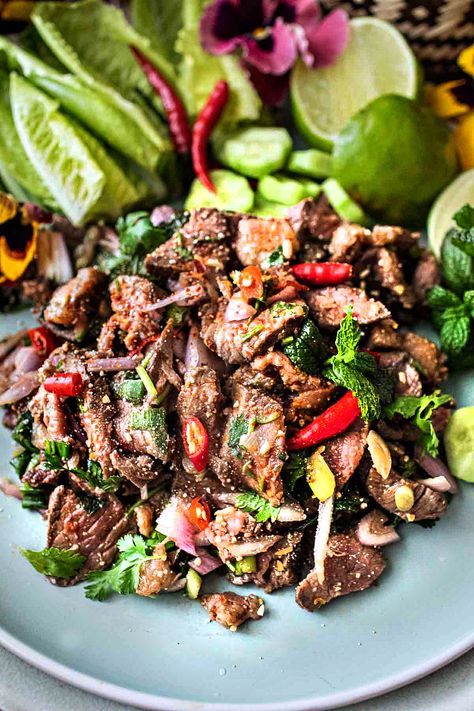 Thai Food Salad, Spicy Beef Salad Thai, Thai Beef Marinade, Nam Tok Beef Salad Recipes, Thai Laab Recipe, Thai Recipes Beef, Larb Recipe Thai Authentic, Beef Larb Recipe Thai, Laab Salad Recipe