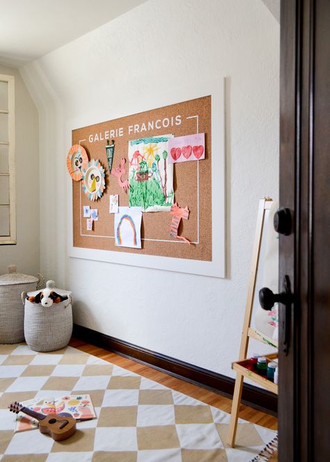 Behr Whisper White, Harlequin Rug, Diy Kids Art Display, Kids Art Display Wall, Stencil Rug, Large Cork Board, Kids Art Display, Ruler Crafts, Art Display Wall