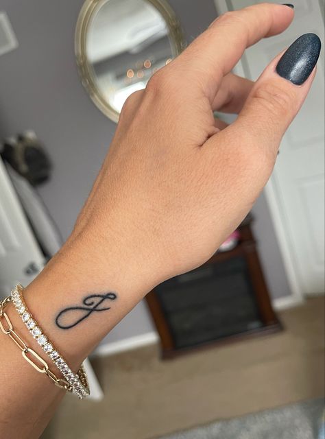 J In Cursive Tattoo, Finger Initial Tattoos For Women, Wrist Letter Tattoos For Women, Initial Tattoo On Wrist For Women, Letter J Tattoo Small, Small J Tattoo Letter, Initial On Hand Tattoo, J Initial Tattoo Finger, Initial J Tattoo Ideas