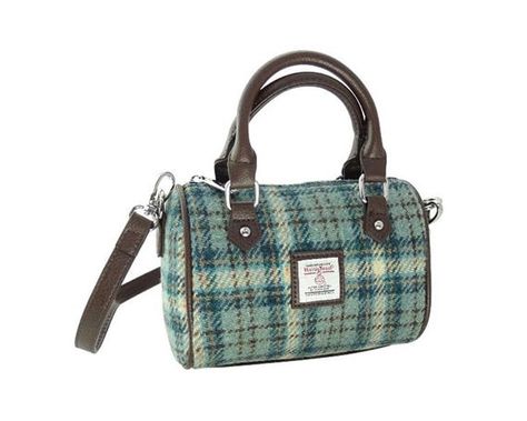 HARRIS TWEED 'Kilbride ' Mini Bowling Bag in Duck Egg and Cream Check, Made in Scotland, Vintage, Tartan, Outlander, Harris Tweed Bag Lady and the Tweed bring you a range of luxury accessories and bags for men and women, using Genuine Tweed . Embracing our Scottish heritage, we incorporate the famous  Tweed into our designs, elevating the classic material into contemporary fashion. Our collection offers every day accessories to travel holdalls, all showcasing Tweed in a 21st century style. Harri Bowling Activities, Harris Tweed Bag, Macleod Tartan, Egg Cream, Tweed Purse, Tweed Hat, Harris Tweed Fabric, Mini Bowling, Tweed Bag