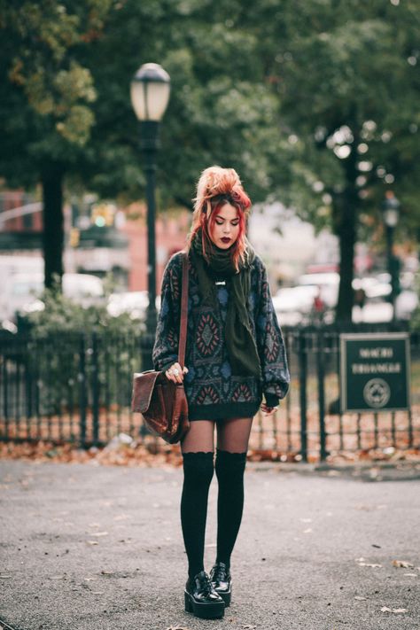 FIVE FAVORITE THINGS ABOUT FALL Over The Knee Socks Outfit Grunge, Le Happy Outfits Fall, Tights And Knee High Socks, Knee High Socks Over Tights, Tights With Knee High Socks, Over The Knee Socks Outfit Winter, Over The Knee Tights Outfit, Over The Knee Socks Outfit Fall, Oversized Sweater With Tights