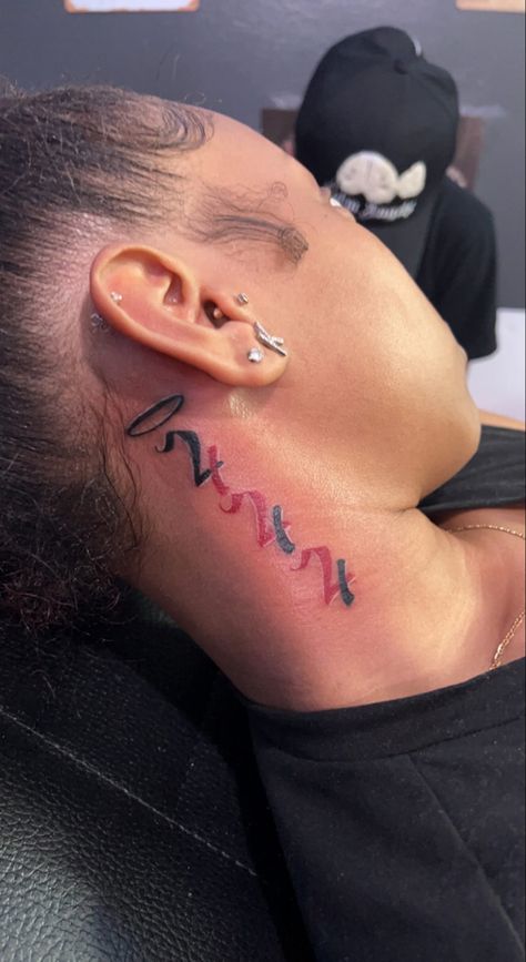 Neck Tattoos Women Angel Numbers, Cute Small Tattoos For Black Women, 2004 Neck Tattoo, Angel Number 444 Tattoo Behind Ear, Angel Numbers Neck Tattoo, Small Tattoos For Black Women, Angel Number Tattoo Neck, 444 Tattoo Neck, Dope Neck Tattoos Women