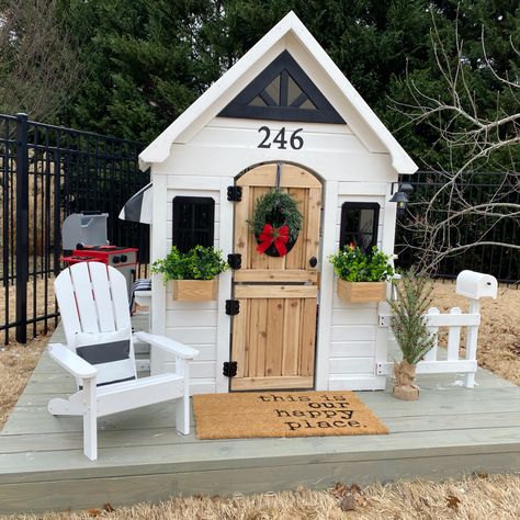 Aspen Playhouse Makeover, Backyard Playhouse Landscaping, Inside Kids Playhouse, Playhouse Upgrade, Diy Playhouse Makeover, Outdoor Playhouse Ideas, Kids Outdoor Spaces, Backyard Play Spaces, Toddler Playhouse