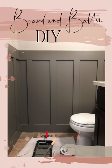 Gray board and batten DIY in bathroom. Full board and batten tutorial in my powder room! Powder Room Board And Batten Diy, Half Panel Bathroom Walls, Water Closet Board And Batten, Bathrooms Board And Batten, Small Powder Room Ideas Modern Board And Batten, Batten Board In Bathroom, Dark Colored Board And Batten, Board And Batten Behind Sink, Bathroom Board And Batten Diy