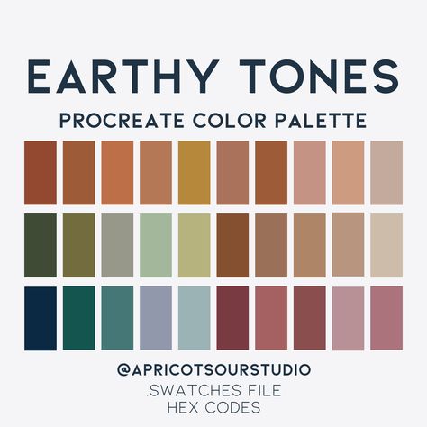 *DIGITAL DOWNLOAD* Discover the timeless elegance of nature with our Earthy Tones Procreate Color Palette. Inspired by the warm, organic hues found in the natural world, this palette offers a collection of 30 sophisticated and earthy shades, ranging from muted terracottas and soft moss greens to warm sandy beiges. Perfect for artists seeking to infuse their digital creations with a sense of grounded serenity, Earthy Tones provides a versatile selection for landscapes, portraits, and various arti Green Earthy Palette, Earthy Palette Living Room, Earthy Color Palate, Earthly Color Palette, Wedding Color Palette Earth Tones, Earthy Tones Apartment, Earth Tone Swatches, Earthy Natural Color Palette, Earthly Tones Palette