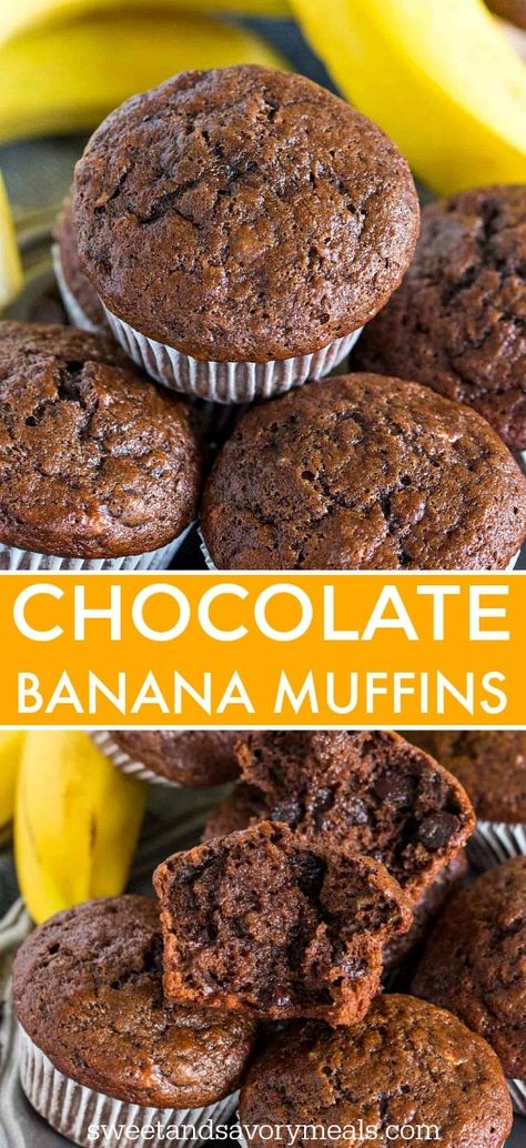 Best Chocolate Banana Muffins [VIDEO] - Sweet and Savory Meals Use Over Ripe Bananas, Banana Chocolate Muffins, Over Ripe Bananas, Ripe Banana Recipe, Chocolate Banana Muffins, Savory Meals, Breakfast Meals, Banana Chocolate, Ripe Bananas