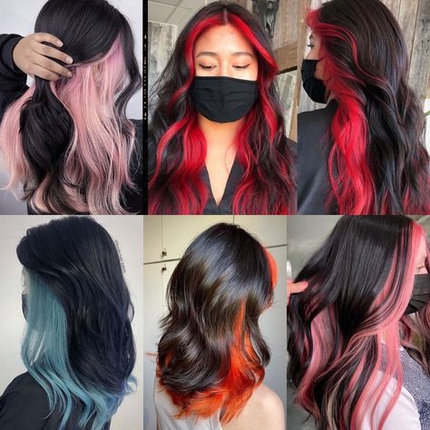 Hair Color Inside The Hair, Hair Colour Ideas Underneath, Peekaboo Hair Color Sectioning, Hair Color Back Of Head, Colour Under Hair, Hair Colour For Layered Hair, Two Hair Colors Underneath, Black And Colored Hair Underneath, Black Hair With Underlights