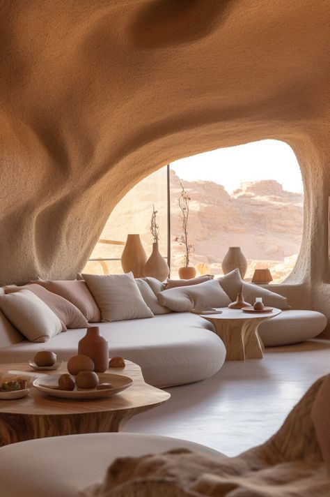 Earth Stays in the Arabian Desert: “Eart|Futuristic Earthen Home Interior, Living In The Desert, Desert Architecture Design, Sand Architecture, Desert Furniture, Earthen House, Desert Room, Biomorphic Architecture, Desert Interior Design