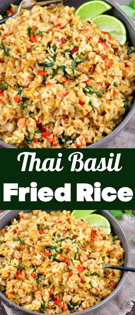 Thai Basil Fried Rice is one of the best fried rice recipes out there! The flavor comes from the fresh Thai basil, Thai chili pepper, vegetables, and the mouthwatering sauce. Sides For Thai Food, Vegan Thai Basil Fried Rice, Basil Chicken Fried Rice, Thai Vegetable Fried Rice, Basil Fried Rice Thai Recipe, Curry Fried Rice Recipe, Thai Basil Rice Recipe, Thai Basil Chicken Fried Rice, Thai Rice Dishes