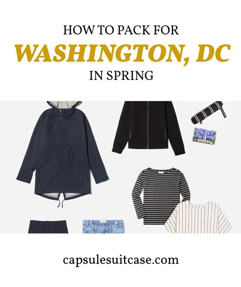 How to pack for Washington DC in the spring. #travel #capsulewardrobe #minimalisttravel #packinglight Washington Dc Packing List Spring, Washington Dc Vacation Outfits, What To Wear In Dc Spring, Spring Dc Outfits, Dc Travel Outfits, What To Wear In Washington Dc Spring, Dc Outfits Washington Spring, Pack For Washington Dc, Washington Dc Packing List