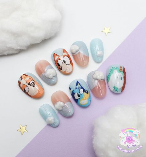 Bluey Bingo Inspired Nails, Bluey Bingo Nails, Bluey & Bingo Nails, Bluey And Bingo Nails, Bluey Nails Ideas, Bluey Themed Nails, Bluey Nail Ideas For Kids, Bluey Nail Design, Bluey Cartoon Acrylic Nails