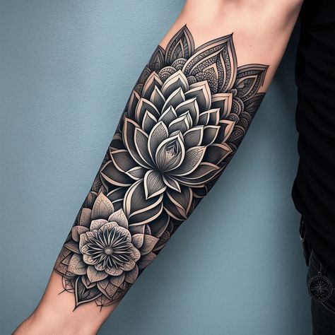 Sacred Journey: Lotus, Mandalas, and Geometry Full Sleeve Tattoo" #SpiritualSleeveTattoo #LotusAndMandalas #SacredGeometryInk #EnlightenmentTattoo #TattooArt Lotus Flower Sleeve Tattoo Men, Mandala And Peony Tattoo, Mandala Arm Sleeve, Mandala Geometric Tattoo, Mandala Lotus Tattoo, Enlightenment Tattoo, Forearm Mandala Tattoo, Mandala Arm Tattoo, Lotus Mandala Tattoo