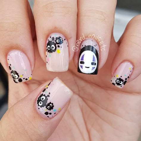 Spy Family Nails, Sprite Nails, Soot Sprite Nails, Studio Ghibli Nails, Ghibli Nails, Soot Sprite, Themed Nails, Manicure Nail Designs, Hippie Nails