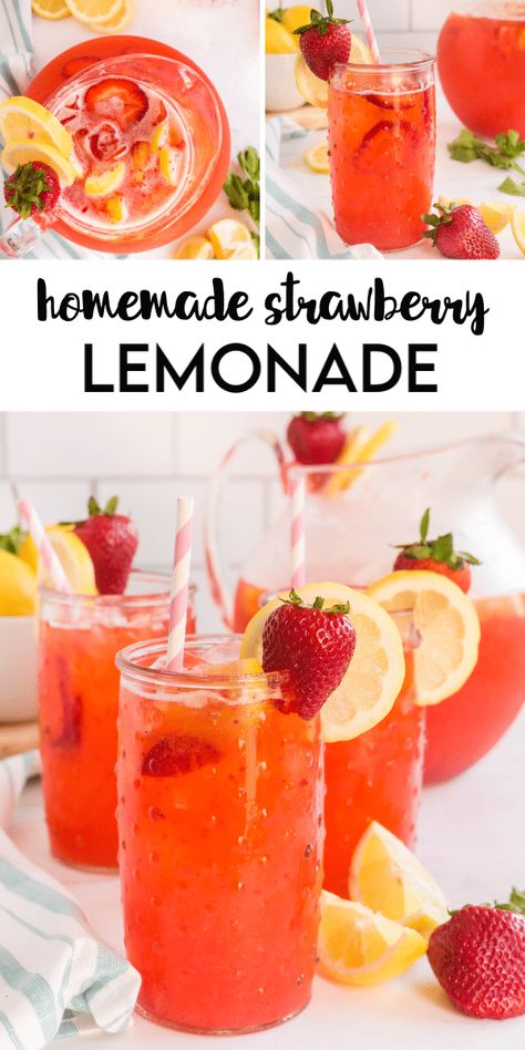 This homemade strawberry lemonade is a delicious berry twist on our favorite lemonade recipe - a bright lemon flavor topped with delicious strawberry puree! Homemade Strawberry Lemonade Recipe, Fresh Strawberry Lemonade, Easy Strawberry Lemonade, Summer Drink Recipe, Homemade Strawberry Lemonade, Flavored Lemonade, Strawberry Lemonade Recipe, Homemade Lemonade Recipes, Creative Cocktails