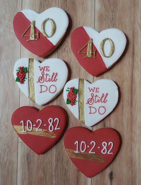 Ruby Themed Anniversary Party, Parent Anniversary Party Ideas, Ruby Red 40th Anniversary, 40th Anniversary Cookies Decorated, Ruby Red Anniversary Party Ideas, 40th Wedding Anniversary Cookies, 40 Year Wedding Anniversary Party, Ruby Party Theme, 40th Anniversary Party Ideas Decoration 40 Years