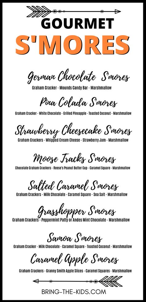 Types Of Smores, Different Smores Recipes, S'more Menu Printable, Gourmet Smores Recipes, Different Types Of Smores, Unique Smores Recipes, S'more Combinations, S’mores Recipe Ideas, S’mores Combinations