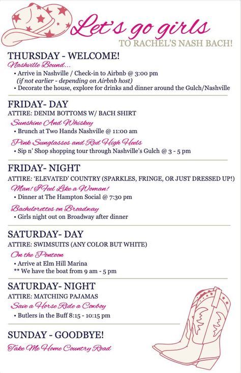 Planning a bachelorette party in Nashville? Look no further! Our "Let's Go Girls" themed bachelorette itinerary template is the perfect solution for brides-to-be and their squad. With this easy-to-use template, you can create a personalized itinerary that captures all the excitement and fun of Music City. What's Included: - Customizable Design: Our professionally designed template features a vibrant and eye-catching "Let's Go Girls" theme, complete with Nashville-inspired graphics and typography Bachelorette Trip Itinerary, Bachelorette In Nashville, Nashville Themed Bachelorette Party, Bachelorette Itinerary Ideas, Nashville Bachelorette Itinerary, Bachelorette Party Ideas Nashville, Bacherlotte Party Nashville, 21st Birthday Nashville Itinerary, Nashville Bachelorette Party Itinerary