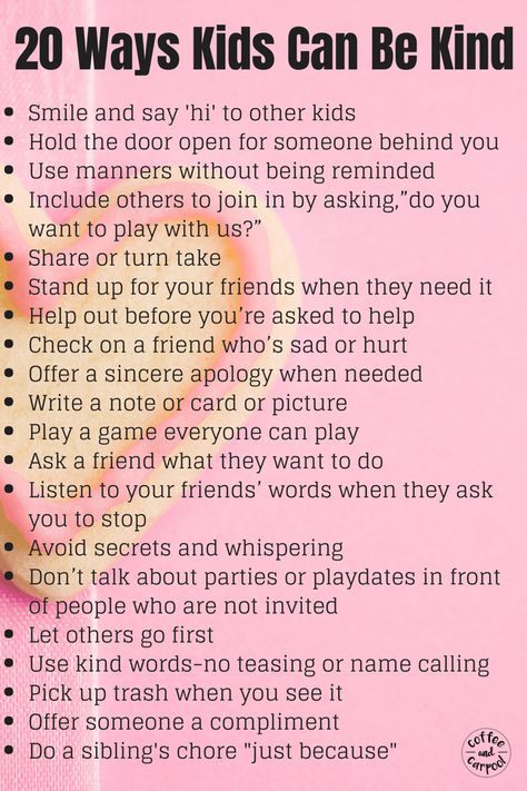 Great list of 20 ways kids can be kind #kindnesschallenge #kindness #raisingkindkids #kindkids #coffeeandcarpool #intentionallyraisingkindkids #bekind #kindkids #kinderkids #positiveparenting Kindness Club Ideas, How To Be Kind, Kindness Tips, Teaching Kindness, Kindness Challenge, Kid Responsibility, Kindness Activities, Mom Support, Smart Parenting