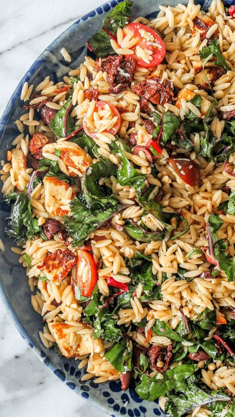 Mediterranean orzo “everything” salad Orzo Kale Recipes, Orzo Mediterranean Salad, Kale Orzo Salad, Orzo Kale Salad, Everything Salad, Spinach Orzo Salad, Cooking Halloumi, Mediterranean Orzo Salad, Lemon Orzo Salad