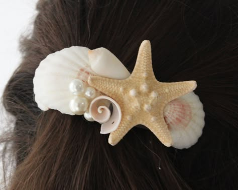 "These barrettes makes a great nautical hair accent. This is a standard sized hair clip that measures approx.3,5\" and adorned with beautiful seashells!,Starfish and pearls." Etsy Hair Accessories, Sea Shell Hair Accessories, Emi Core, Starfish Hair Accessories, Starfish Accessories, Seashells Hair Accessories, Pisces Aesthetic, Ocean Accessories, Seashell Hair