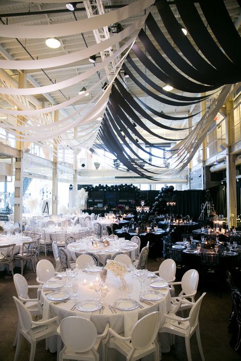 Black And White Gala Decorations, Black And White Corporate Event, Black And White Gala Decor, Black And White Gala, Homecoming 2023, Denim Diamonds, Gala Decor, Black And White Ball, Ceiling Drapes