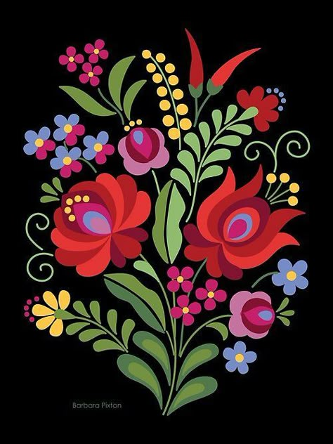 Beautiful Folk art inspired illustration. Polish Floral Folk Art, Russian Folk Art Flowers, Ukrainian Flower Art, Traditional Motifs Design Folk Art, Slovakian Folk Art, Folk Art Textiles, Moravian Folk Art, German Folk Art Traditional, Austrian Folk Art