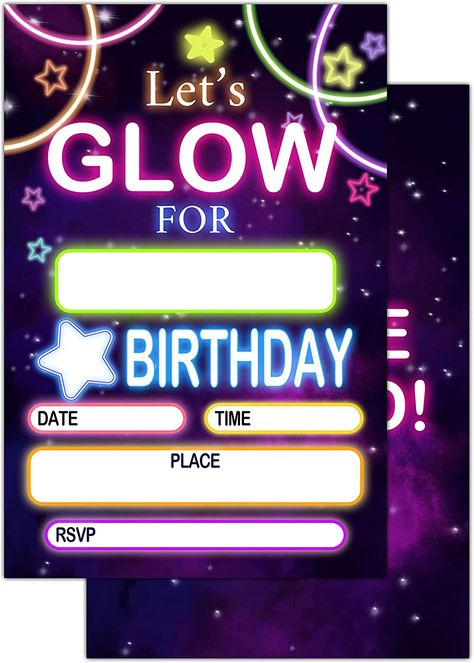 Glow Birthday Party Ideas, Glow Birthday Party Invitations, Bday Invitation Card, Spa Birthday Invitations, Neon Party Invitations, Uv Party, Neon Birthday Party, Glow Birthday Party, First Birthday Posters