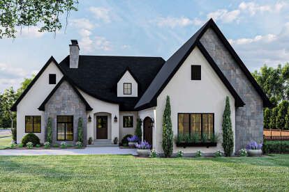 Single Story Tudor House Plans, French Cottage Home Plans, Brick And Stone Exterior Combinations Modern, Small Luxury House Plans, One Story Exterior Design, Modern Cottage Style Homes, Modern Tudor Style Homes, Modern Cottage Floor Plans, Cottage Style Homes Plans