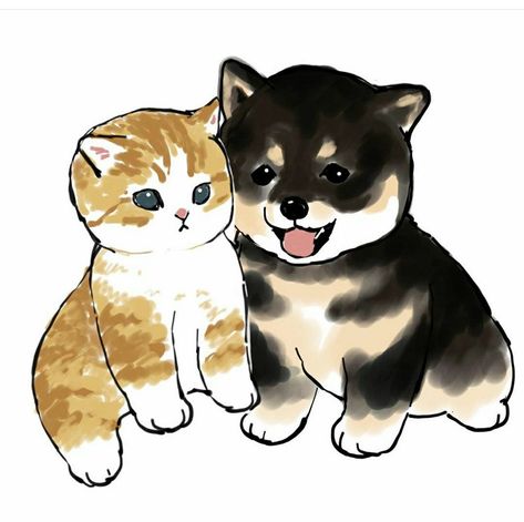 Dog Pictures To Draw, Bananya Cat, Cat And Dog Drawing, Dog Drawing Simple, Dog Cat Pictures, Cute Puppies And Kittens, Kitten Drawing, Puppy Drawing, Kittens And Puppies