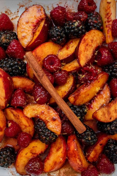 roasted summer fruit over sweet ricotta Roasted Fruit Recipes, Roasted Fruit Dessert, Roasted Peaches Dessert, Fall Fruit Dessert Recipes, Camping Dessert Ideas, Baked Fruit Recipes, Appetizers Fancy, Breville Oven, Roasted Fruit