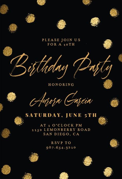 Black And Gold Invitations, Unique Birthday Invitations, Birthday Party Invitations Free, Birthday Dinner Invitation, Surprise Party Invitations, Birthday Invitation Card Template, 40th Birthday Party Invites, Invitation Card Birthday, Dinner Invitation Template