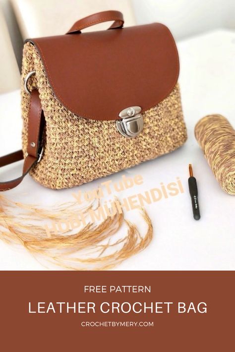 Leather crochet bag free pattern with written details and original video tutorial Crochet Leather Bag Ideas, Crochet And Leather Ideas, Crochet Bag With Leather Base Pattern, Leather And Crochet Bag, Crochet Leather Bag, Crocheted Purses, Leather Crochet, Purse Patterns Free, Knit Bags