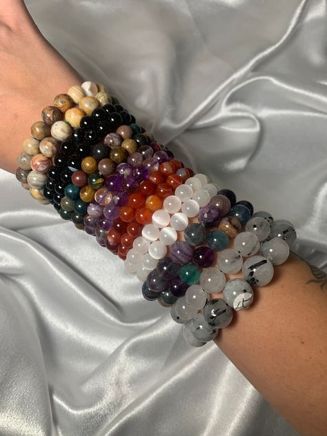 genuine crystal beads on elastic bands, assorted crystals available. limited stock, each pictured. Gemstone Jewelry Bracelets, Real Crystal Bracelets, Crystal Bracelet Aesthetic, Crystal Bracelet Ideas, Crystal Bracelets Healing, Beads Fashion, Crystal Bead Jewelry, Earthy Jewelry, Wrist Jewelry