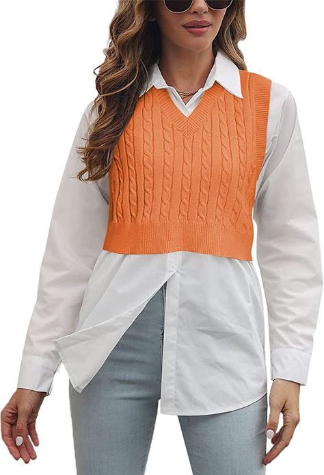 Lailezou Women's V-Neck Knit Sweater Vest Solid Color Argyle Plaid Preppy Style Sleeveless Crop Knit Vest Orange at Amazon Women’s Clothing store Orange Vest Outfits For Women, Sweater Vest Oversized, Plaid Sweater Vest, V Neck Sweater Vest, Winter Tops For Women, Outfit Planning, Mens Pullover Sweater, Sweater Vest Mens, Knit Sweater Vest