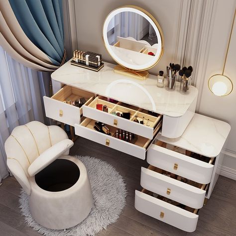 Unique Bedroom Design -Bedroom Interior Design -Elegant Bedroom Cupboard Designs Bedroom Vanity Table, Dressing Table Organisation, Organizers Storage, Round Bed, Dressing Table Storage, Drawer Bedroom, Luxury Storage, White Room Decor, Makeup Dressing Table