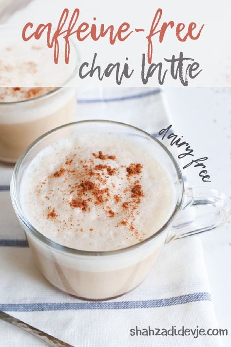 Red Rooibos tea is blended with almond butter, dates and soy milk to create a creamy, frothy and incredibly tasty caffeine free vegan chai latte recipe. #caffeinefree #chailatte #chai Paleo Beverages, Caffeine Free Drinks, Chai Latte Recipe, Collagen Recipes, Paleo Drinks, Tea Latte Recipe, Caffeine Free Tea, Chai Tea Latte, Food Eating