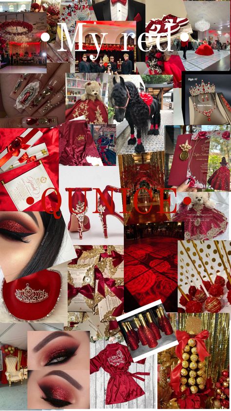 Red quince dresses and heels makeup and etc Sweet 15 Red Theme, Red Theme Quince, Mexican Quince Theme, Black And Red Quince, Red Theme Quinceanera Ideas, Quinceanera Red Theme, Red Quince Decorations, Red 15 Dresses, Red Quinceanera Theme