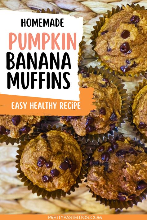 easy low-fat pumpkin muffins recipe Flourless Pumpkin Muffins Healthy, Pumpkin Banana Chocolate Chip Muffins, Banana Pumpkin Muffins Healthy, Low Cal Pumpkin Muffins, Pumpkin Banana Muffins Healthy, Banana Pumpkin Recipes, Weight Watchers Pumpkin Muffins, Banana Chocolate Chip Muffins Healthy, Healthy Pumpkin Muffins