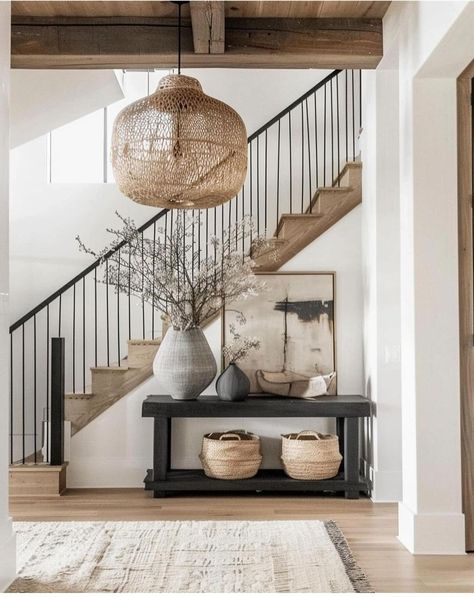 Stair Entryway Ideas Entrance, Modern Organic Foyer, Entry Way Stairs Ideas, Organic Modern Staircase, Entrance Stairs Entryway, Foyer Ideas Entryway Stairs, Entries Ideas, Scandinavian Entryway, Modern Farmhouse Entryway